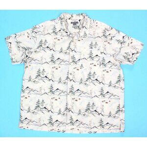 Eddie Bauer Mens Baja Camp Shirt Button Up Camping Fishing Print Beige sz XL 240